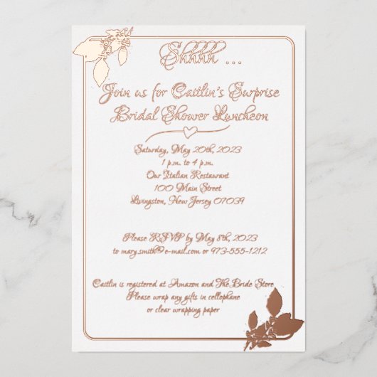 Brautparty, elegant weiß, Rose Gold Folieneinladung (Vorderseite)