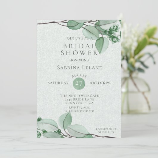Brautparty | Eleganter Wasserfarbe Eukalyptus Einladung (Stehend Vorderseite)