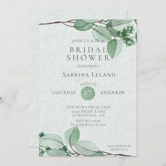 Brautparty | Eleganter Wasserfarbe Eukalyptus Einladung (Vorne/Hinten)
