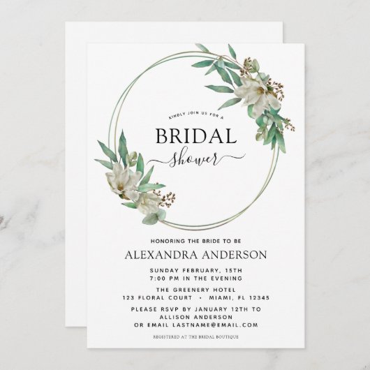 Brautparty Eucalyptus Magnolia Wreath Einladung (Vorne/Hinten)