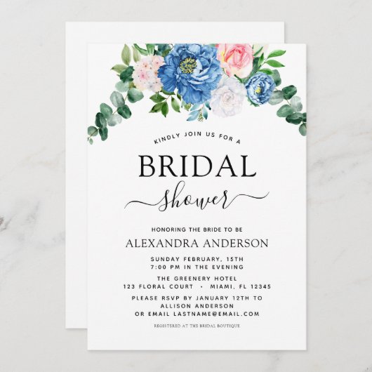 Brautparty Eukalyptus Blau Rosa Einladung (Vorne/Hinten)