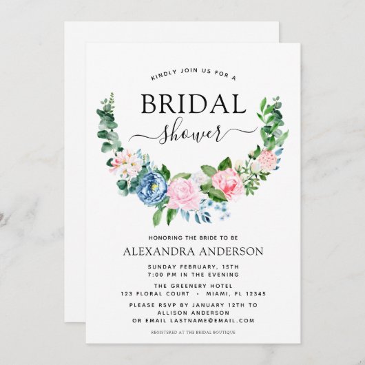 Brautparty Eukalyptus Blau Rosa Einladung (Vorne/Hinten)