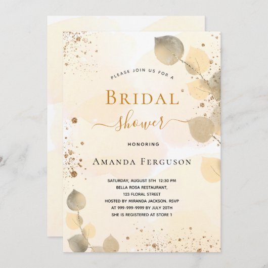 Brautparty Eukalyptus Glitzer Goldfall Einladung (Vorne/Hinten)