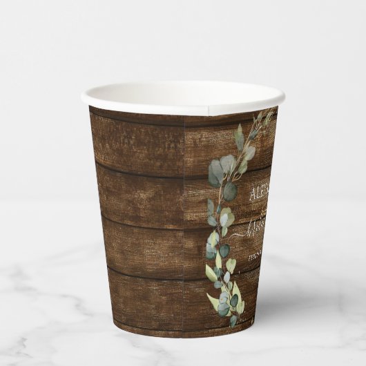 Brautparty Eukalyptus Greenery Rustikales Holz Pappbecher (Rechts)
