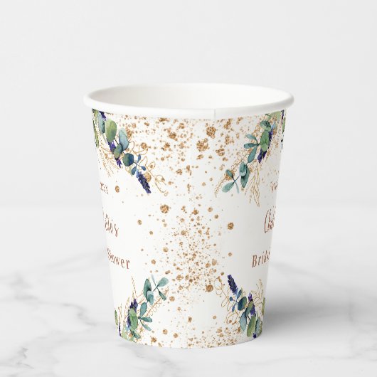 Brautparty Eukalyptus grün Glitzer Monogramm Pappbecher (Rechts)