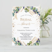 Brautparty Eukalyptus grün Gold Glitzer Einladung (Stehend Vorderseite)