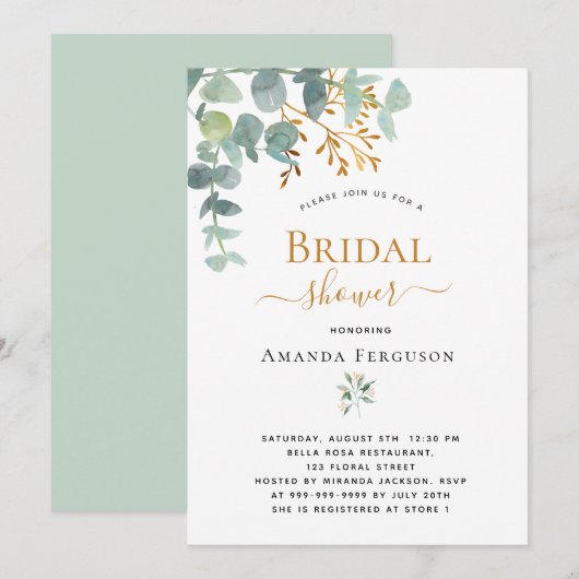 Brautparty Eukalyptus grün Gold Moderne Einladung (Vorne/Hinten)