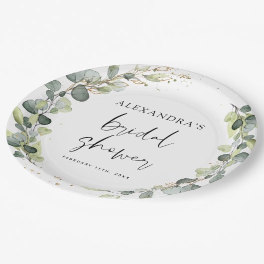 Brautparty Eukalyptus Grüne Sukkulent Pappteller (Schrägansicht)