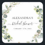 Brautparty Eukalyptus Grüne Sukkulent Quadratischer Aufkleber<br><div class="desc">Eukalyptus Greenery Sukkulente Botanische Wasserfarben Frühjahrskleber auf weißem Hintergrund - beinhaltet eine wunderschöne und elegante Schrift-Typografie mit modernen botanischen Blätter und Grünpflanzen für die besondere Hochzeitstagsfeier.</div>