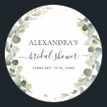 Brautparty Eukalyptus Grüne Sukkulent Runder Aufkleber<br><div class="desc">Eukalyptus Greenery Sukkulente Botanische Wasserfarben Frühjahrskleber auf weißem Hintergrund - beinhaltet eine wunderschöne und elegante Schrift-Typografie mit modernen botanischen Blätter und Grünpflanzen für die besondere Hochzeitstagsfeier.</div>