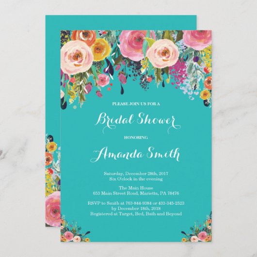 Brautparty Floral Blume Aquamarin Türkis Aqua Einladung (Vorne/Hinten)