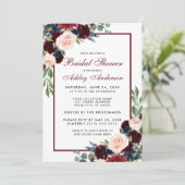 Brautparty Floral Burgundy Blauer Einladung (Stehend Vorderseite)