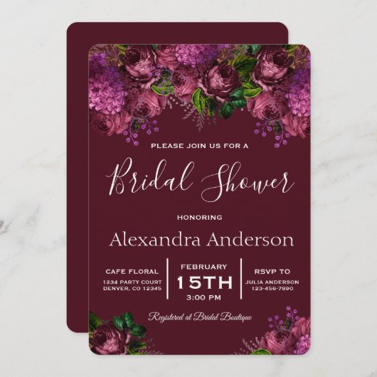 Brautparty Floral Marsala Burgund Einladung (Vorne/Hinten)