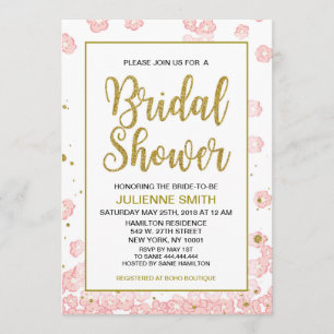 Brautparty Floral   Rosa und goldener Glitzer Einladung