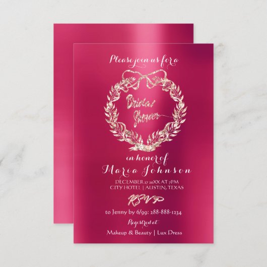 Brautparty Floral Wreath Himbeere Rosa Rose Einladung (Vorne/Hinten)