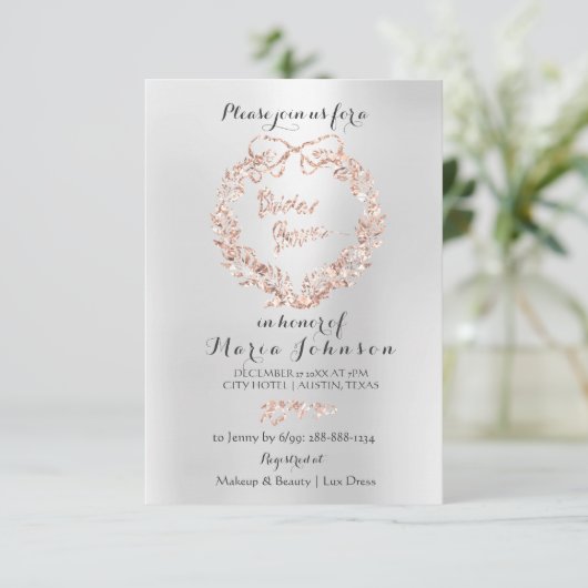 Brautparty Floral Wreath Silver Rosa Gold Einladung (Stehend Vorderseite)