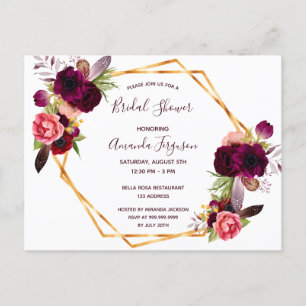 Brautparty florals bordeauxrot Einladung Postkarte