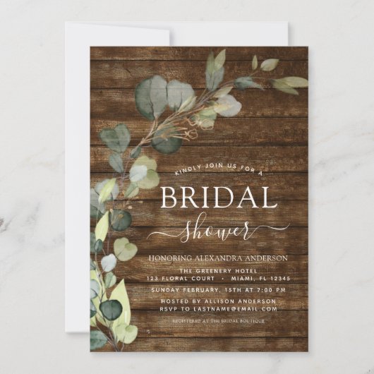 Brautparty Foto Eukalyptus Rustikales Holz Einladung (Vorderseite)