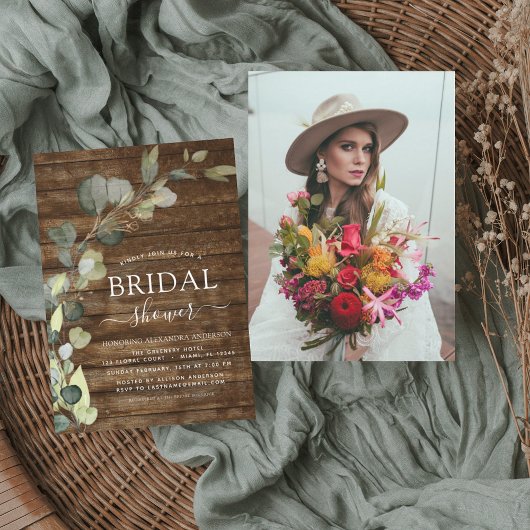 Brautparty Foto Eukalyptus Rustikales Holz Einladung