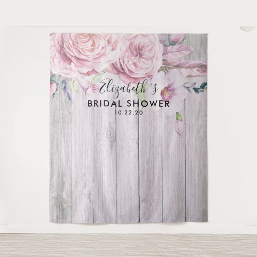 Brautparty Foto Hintergrund Blume Rustikales Holz Wandteppich (Vorderseite)