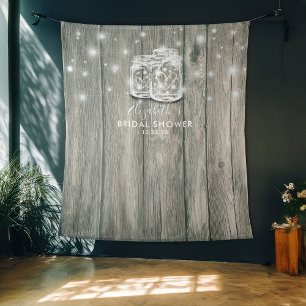 Brautparty Foto Hintergrund Holz Mason Jar Leuchte Wandteppich