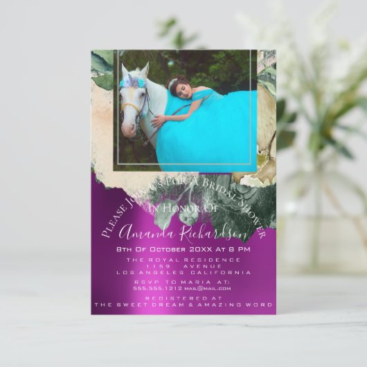 Brautparty Foto Rosa Blütengebirge Einhorn Einladung (Stehend Vorderseite)