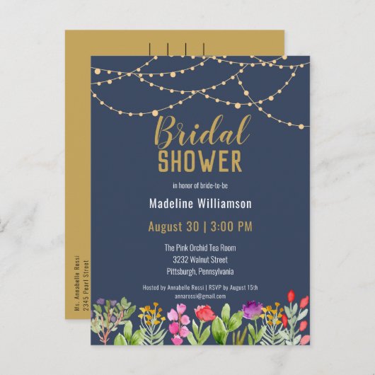 Brautparty für Aquarellblumen Einladungspostkarte (Vorne/Hinten)