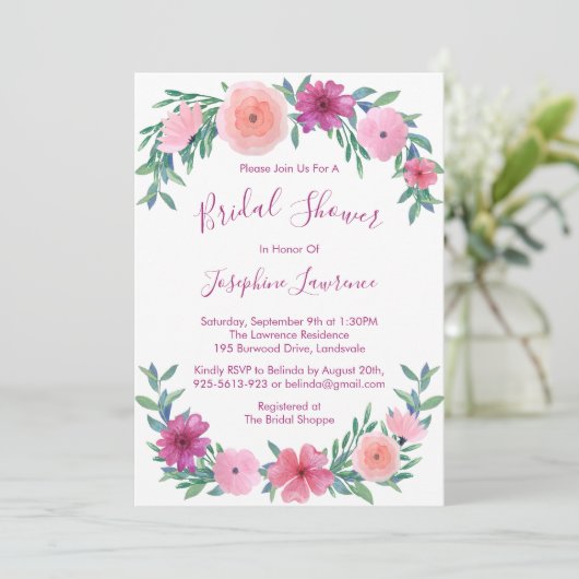 Brautparty für Blume in Rosa Einladung (Stehend Vorderseite)