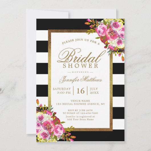 Brautparty für Blumenzauber aus Schwarz-weißen Str Einladung (Vorderseite)