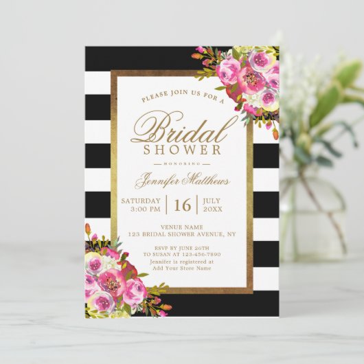 Brautparty für Blumenzauber aus Schwarz-weißen Str Einladung (Stehend Vorderseite)