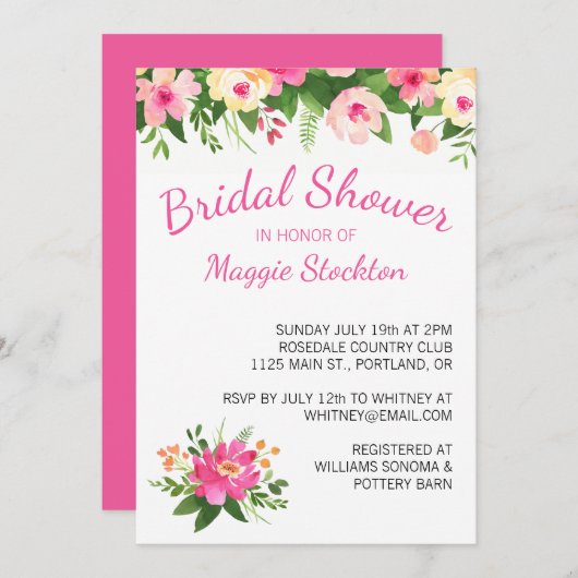 Brautparty für die heiße rosa und grüne Blume Einladung (Vorne/Hinten)