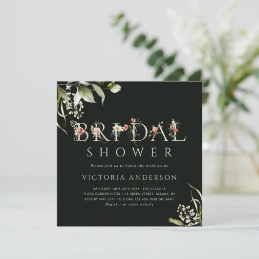 Brautparty für dunkelgrüne Blumenblätter Einladung (Stehend Vorderseite)