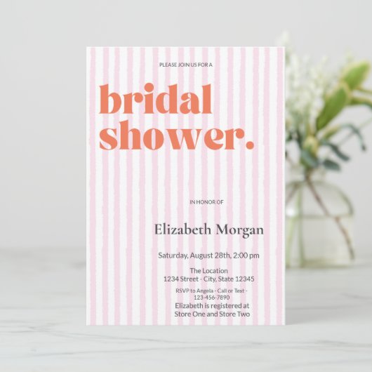 Brautparty für einfache Retro-Rosa Streifen Einladung (Stehend Vorderseite)