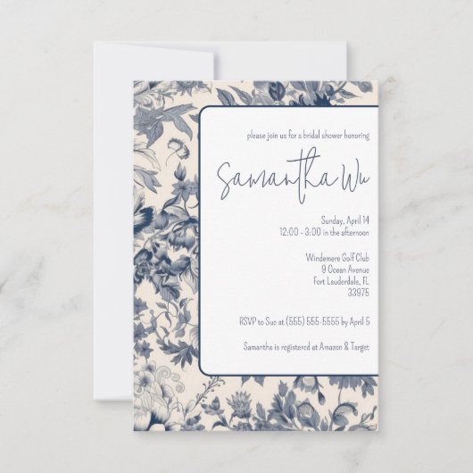 Brautparty für französische Toile in Blau Einladung (Vorderseite)