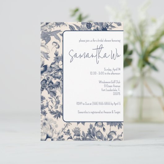 Brautparty für französische Toile in Blau Einladung (Stehend Vorderseite)