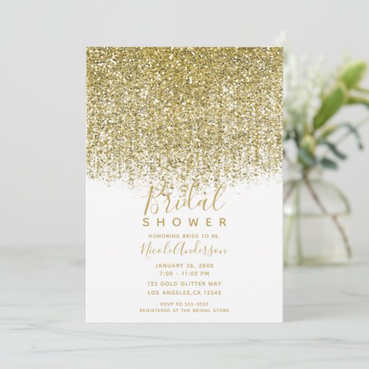 Brautparty für Funkelnd Glitzer aus Gold und Weiß Einladung (Stehend Vorderseite)