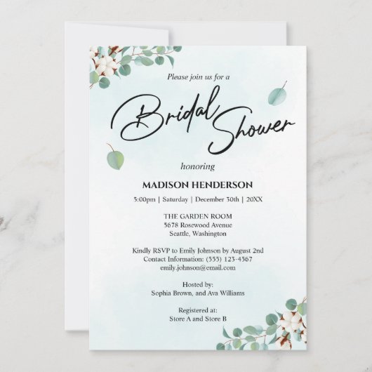 Brautparty für grüne Eukalyptus- und Baumwollsorte Einladung (Vorderseite)