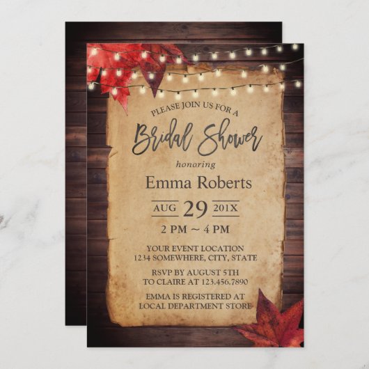Brautparty für Herbstleaves und String-Lights Einladung (Vorne/Hinten)