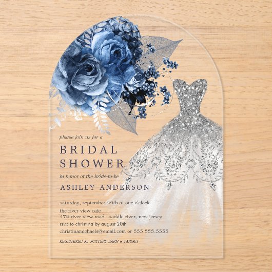 Brautparty für Hochzeitskleidung für Navy und Silv Acryleinladungen (Vorderseite)