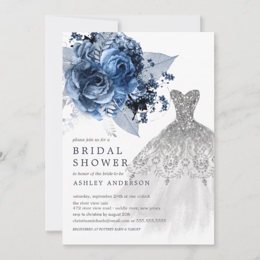 Brautparty für Hochzeitskleidung für Navy und Silv Einladung (Vorderseite)