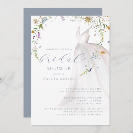 Brautparty für Hochzeitskleidung mit blauer Blüte Einladung (Vorne/Hinten)