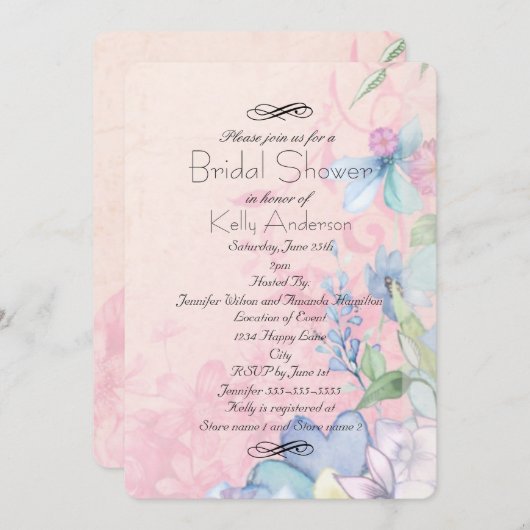 Brautparty für hübsche rosa und blaue Wildblumen Einladung (Vorne/Hinten)