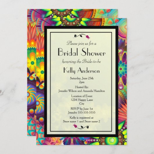 Brautparty für mehrfarbige Art-Deco-Blume Einladung (Vorne/Hinten)