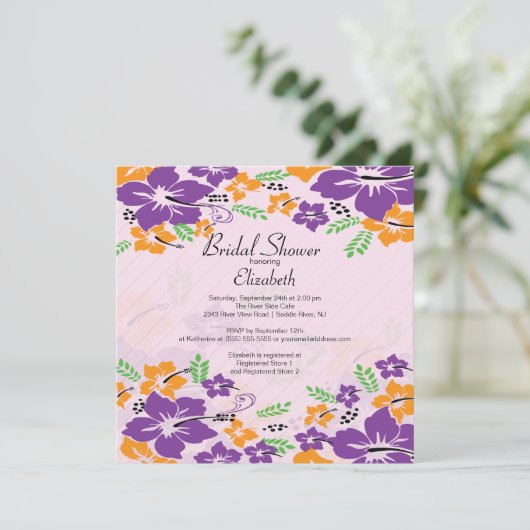 Brautparty für moderne tropische Hibisken-Blume Einladung (Stehend Vorderseite)