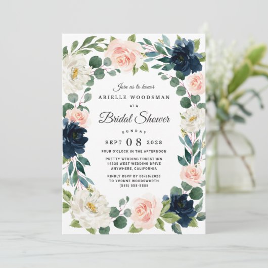 Brautparty für Navy und Blush Pink Einladung (Stehend Vorderseite)