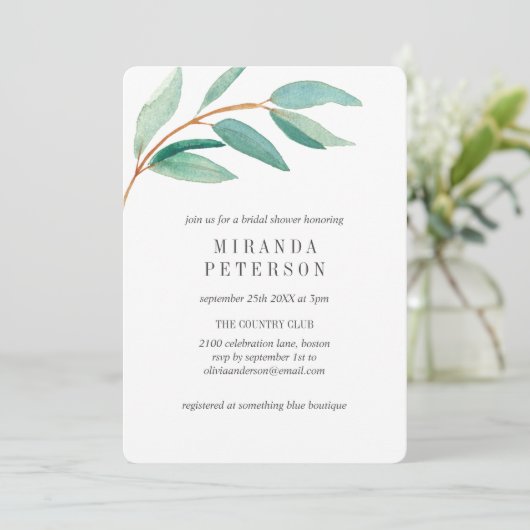 Brautparty für neue Blätter der Eukalyptus-Zweigst Einladung (Stehend Vorderseite)