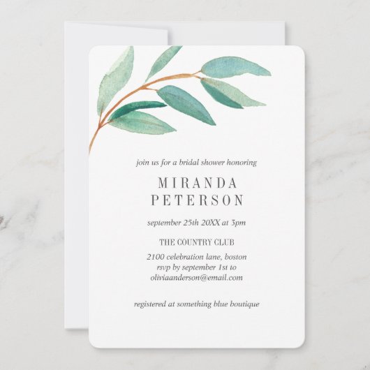 Brautparty für neue Blätter der Eukalyptus-Zweigst Einladung (Vorderseite)