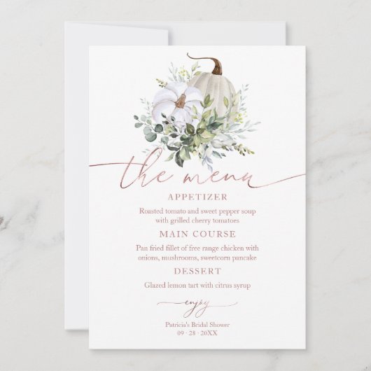 Brautparty für Plate im Green Pumpkin Fall Menü Einladung (Vorderseite)