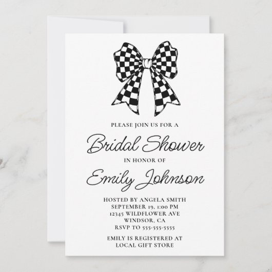 Brautparty für Schwarzweiß-Schachbrett Einladung (Vorderseite)