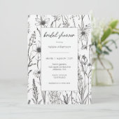 Brautparty für Schwarzweiß-Wildblumen Einladung (Stehend Vorderseite)